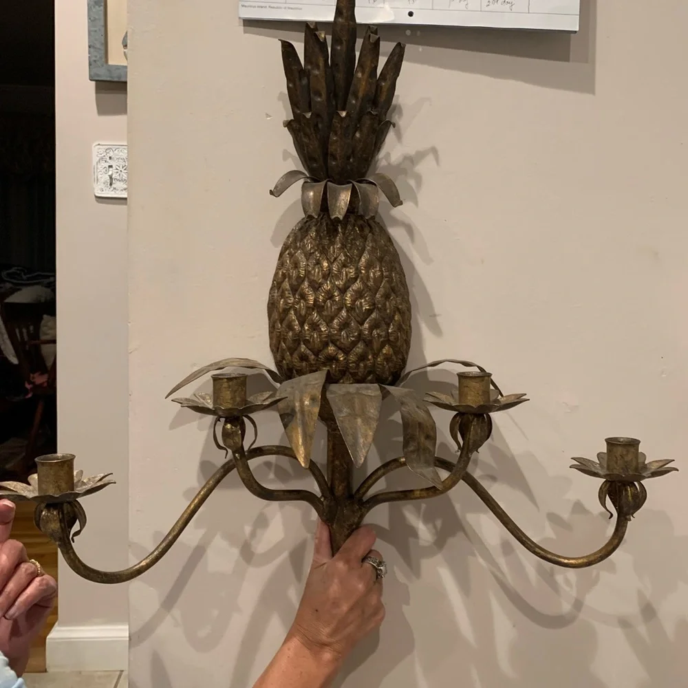 Vintage Large Italian Gold Gilt Iron 4 Arm Pineapple Wall Sconce candle holder